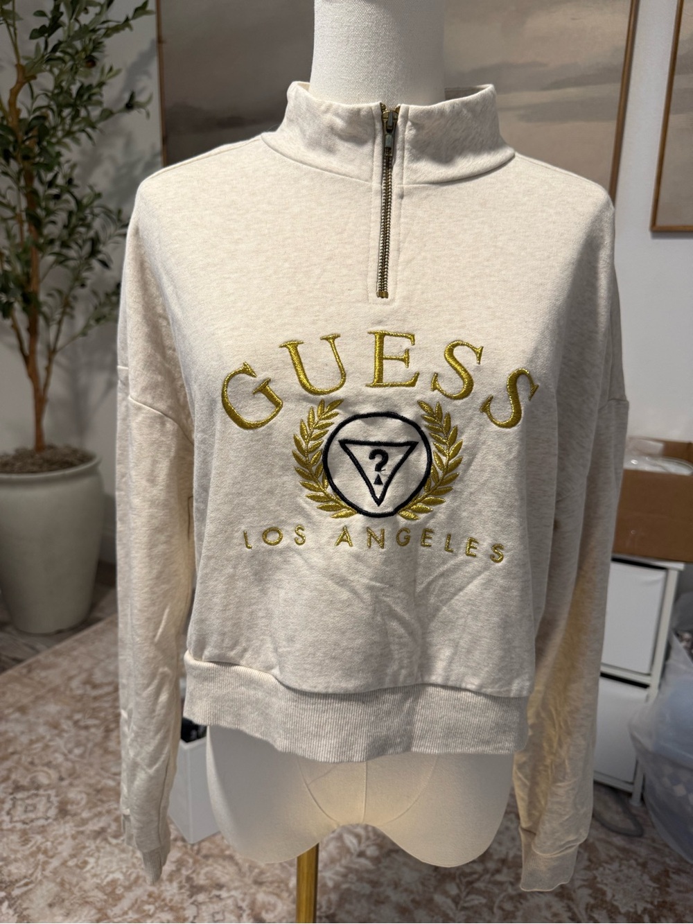 GUESS Los Angeles Grey Cropped Quarter Zip Sweatshirt Embroidered Logo M